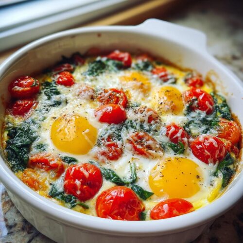 A close-up of a baked dish featuring bright yellow egg yolks, roasted cherry tomatoes, and spinach in a white ramekin, representing an Easy Baked Breakfast Bowl.