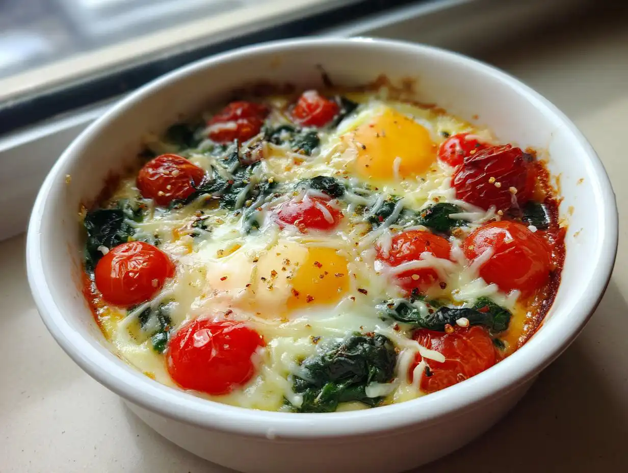Close-up of a freshly baked Easy Baked Breakfast Bowl featuring two runny egg yolks, roasted cherry tomatoes, and melted cheese.