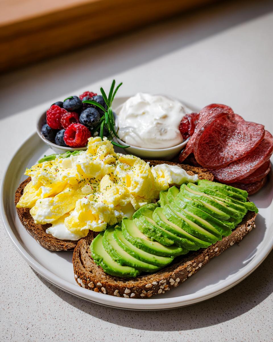 A plate featuring avocado toast with scrambled eggs, sliced salami, yogurt, and berries, perfect for an Easy Breakfast for Rushed Days.