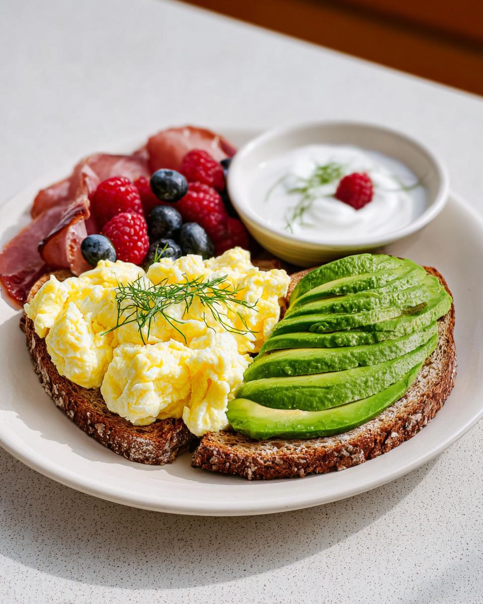 A plate featuring scrambled eggs on toast, sliced avocado, cured meat, berries, and yogurt, perfect for an Easy Breakfast for Rushed Days.