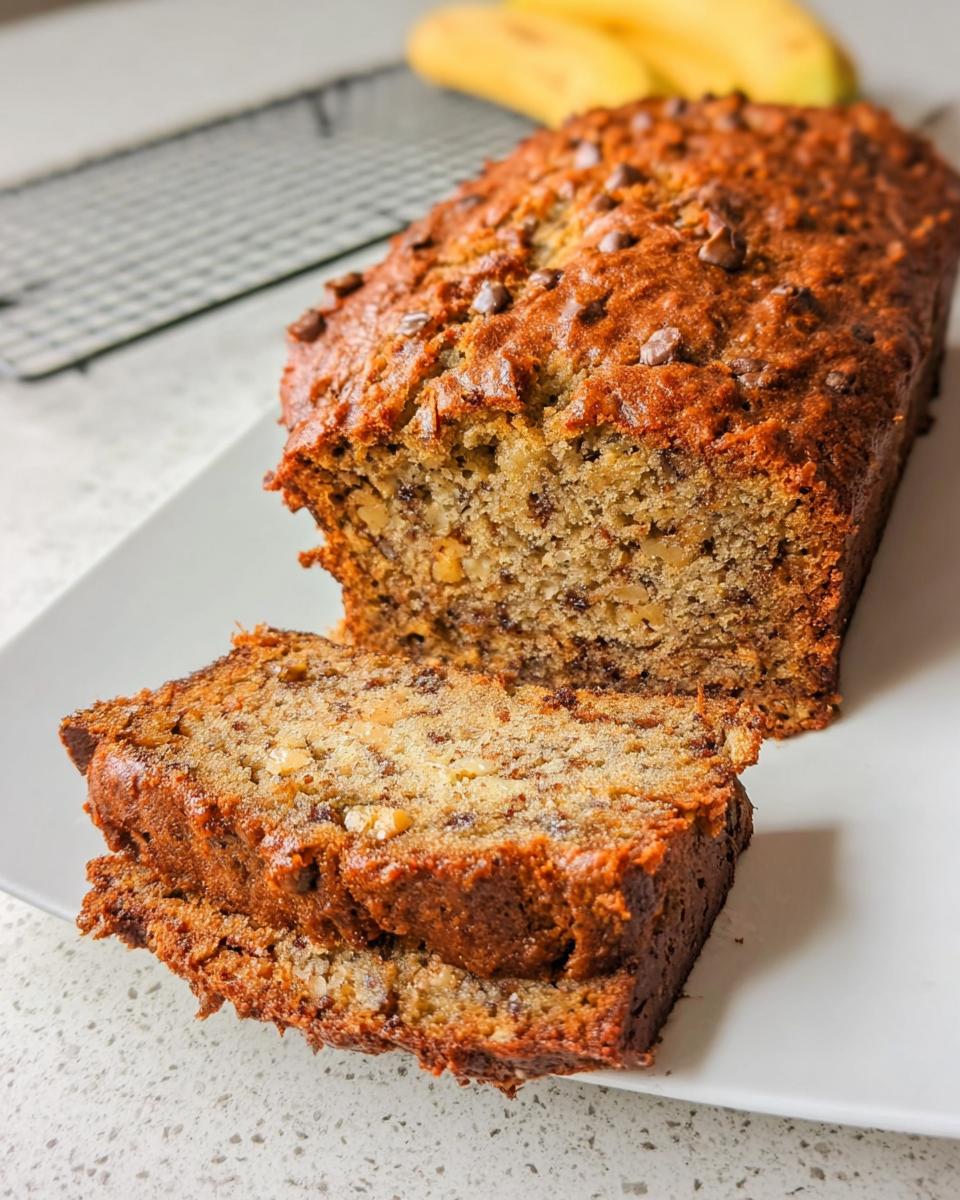 A loaf of Easy Cinnamon Banana Quick Bread, sliced, showing chocolate chips and nuts inside.