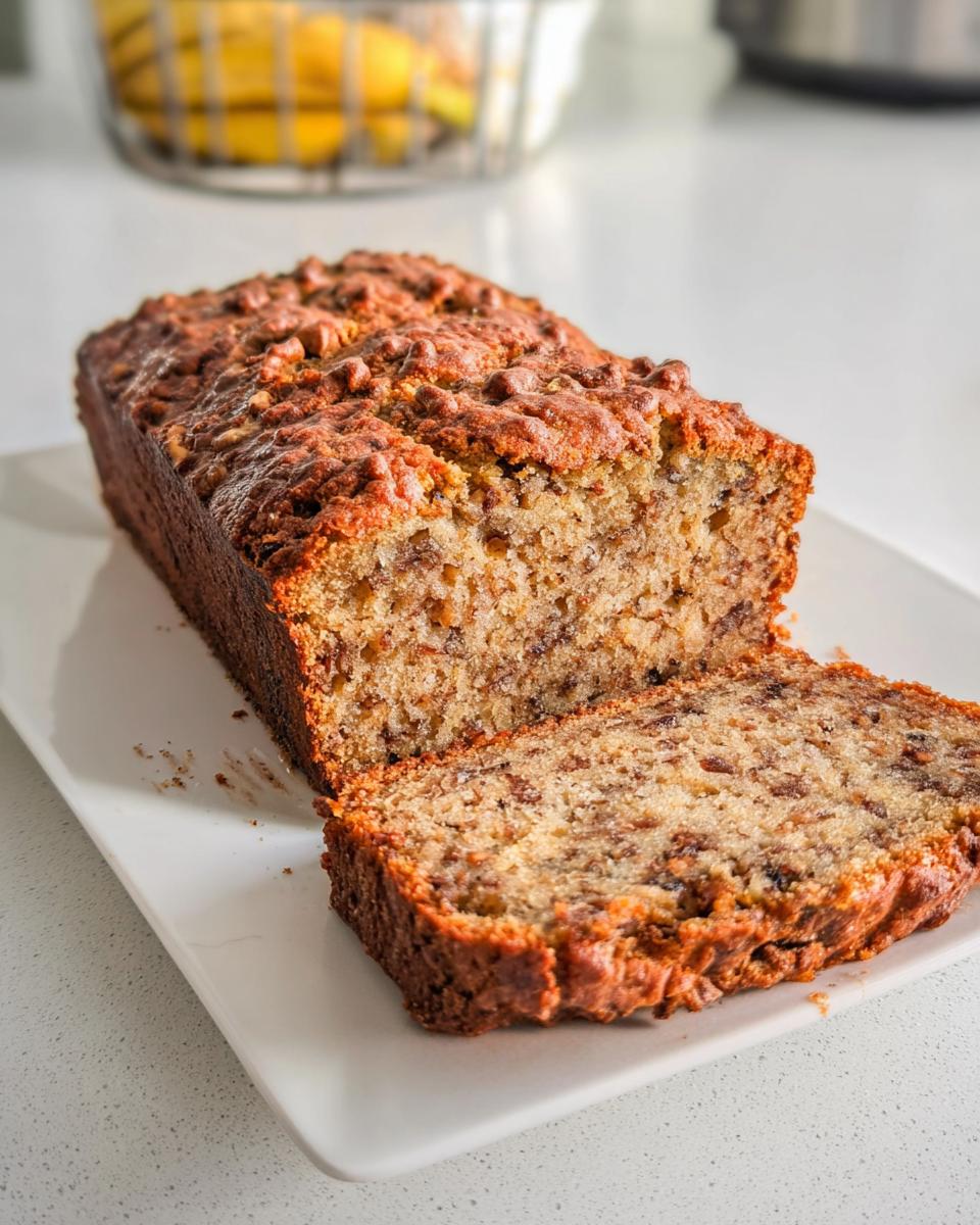 A freshly baked loaf of Easy Cinnamon Banana Quick Bread, partially sliced on a white platter.
