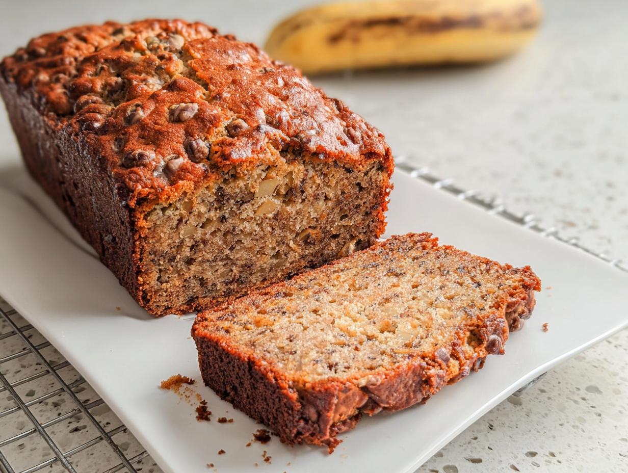 A loaf of Easy Cinnamon Banana Quick Bread, partially sliced, served on a white platter with a banana blurred in the background.