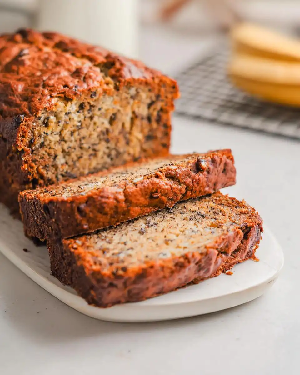 Two thick slices of Easy Cinnamon Banana Quick Bread displayed next to the loaf on a white platter.
