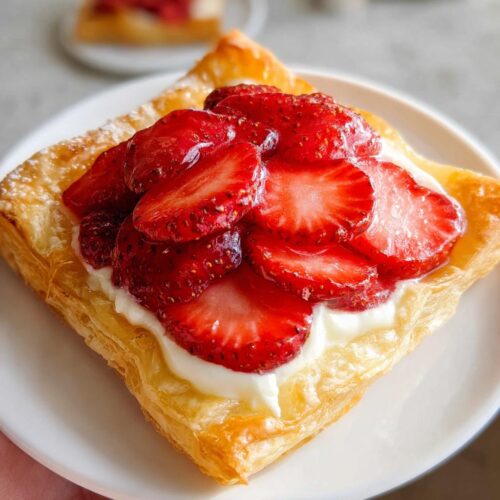A close-up of an Easy Strawberry Danish featuring flaky pastry, cream cheese filling, and sliced, glazed strawberries.