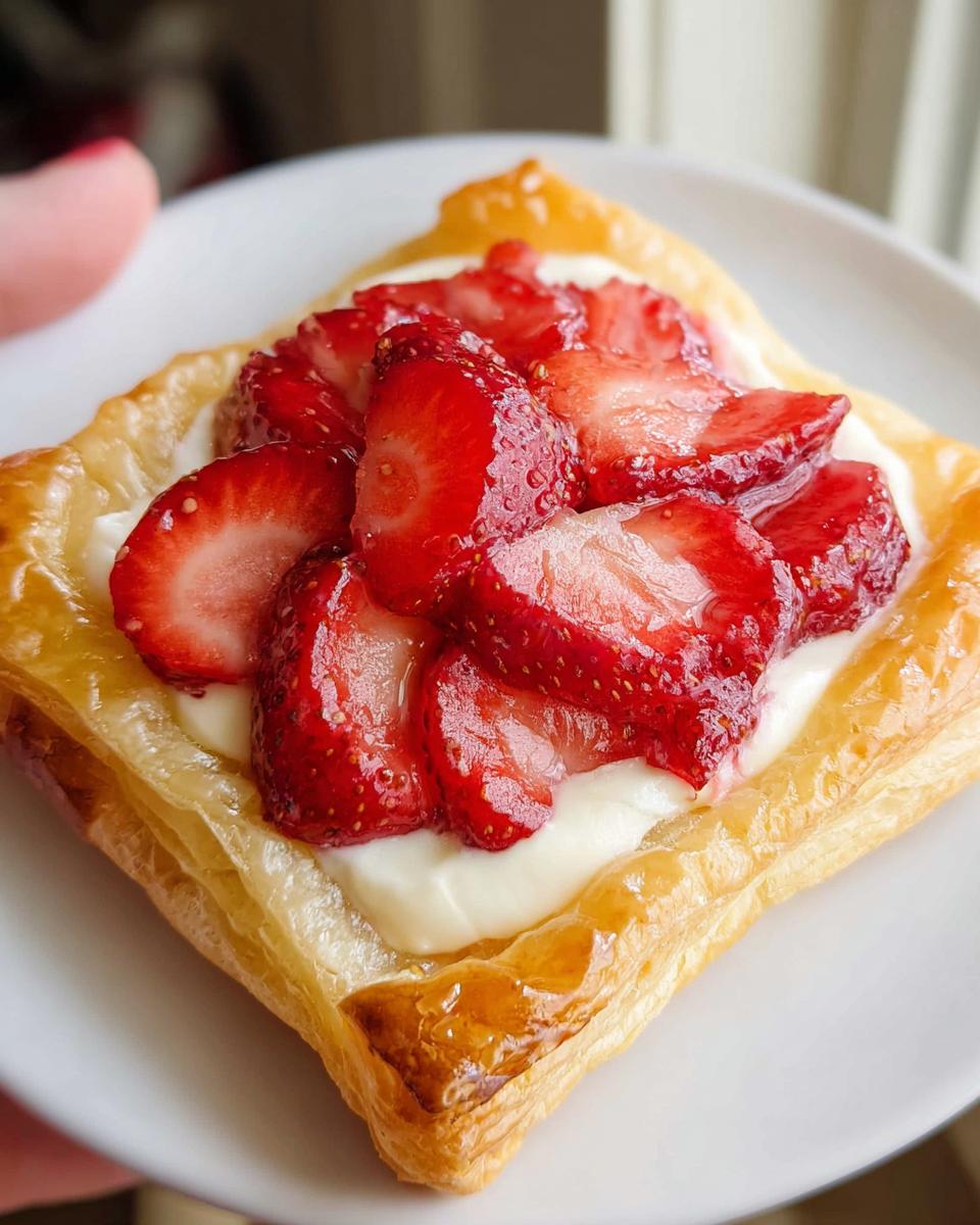 A close-up of a single Easy Strawberry Danish featuring flaky pastry, cream cheese filling, and sliced, glazed strawberries.
