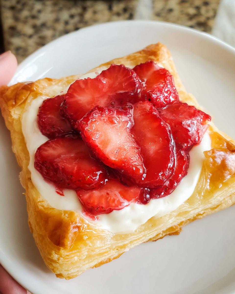 Close-up of a flaky pastry topped with cream cheese and glossy sliced strawberries, an Easy Strawberry Danish.