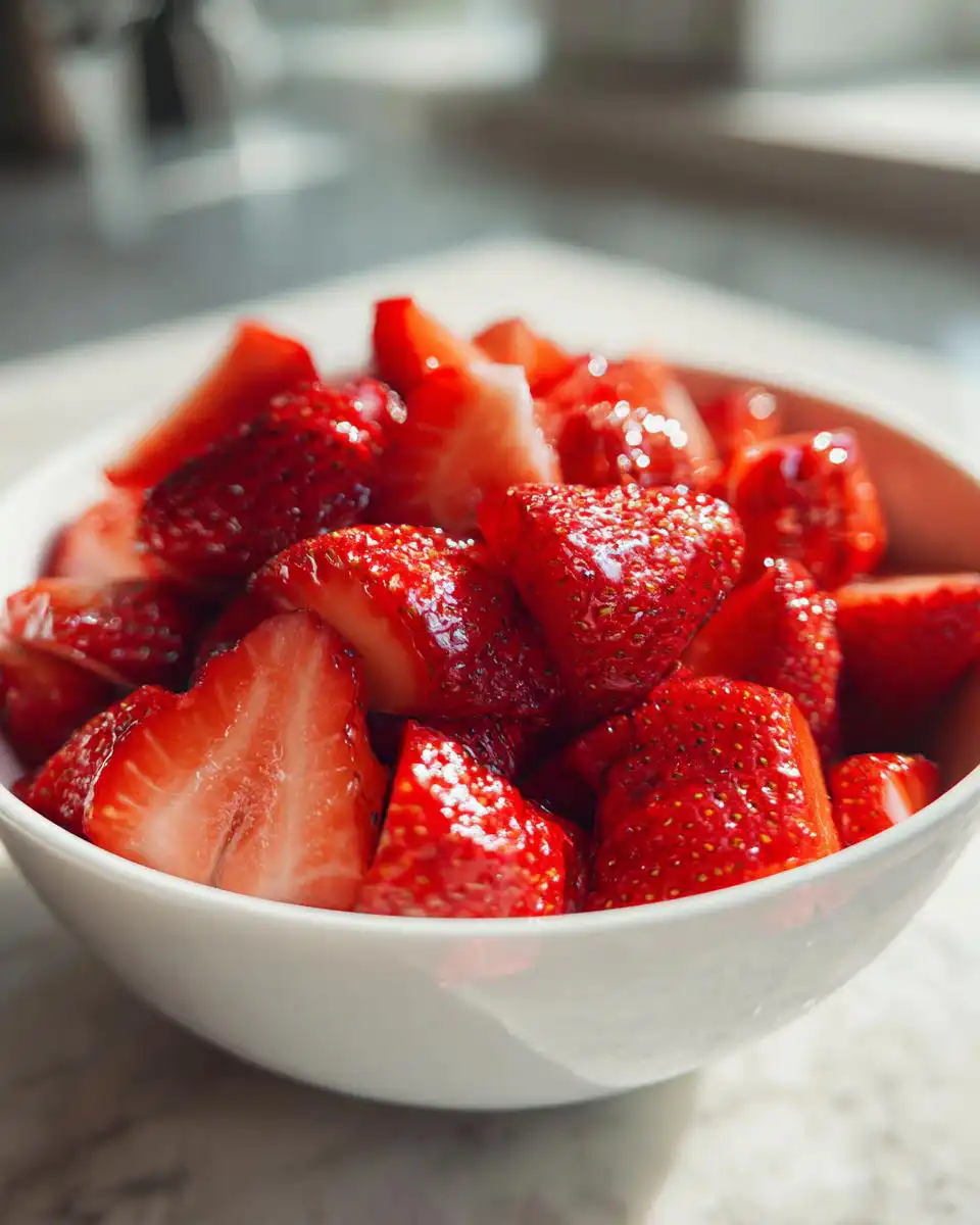 Close-up of a white bowl filled with glistening, freshly sliced strawberries, perfect for an Easy Strawberry Snack.