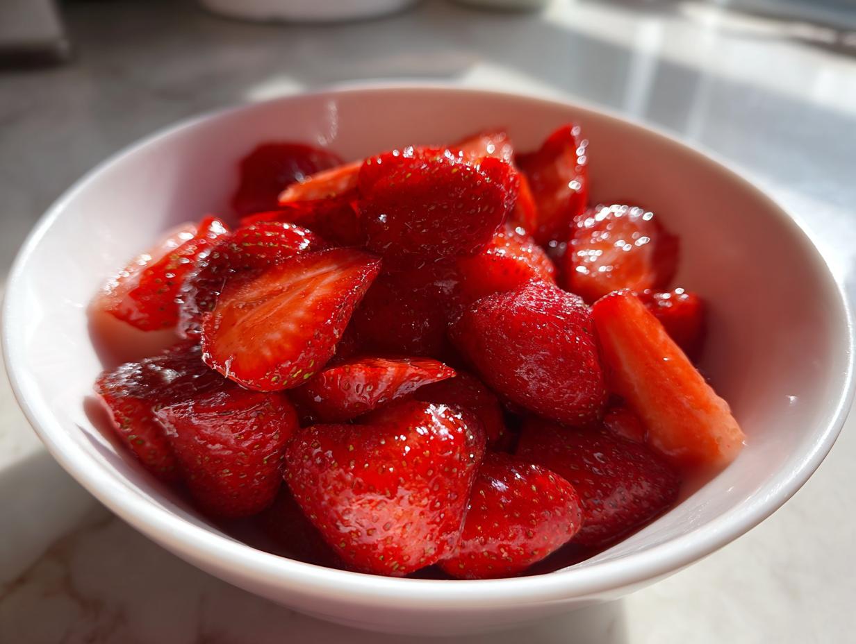 Close-up of bright red, sliced strawberries glistening in a white bowl, perfect for an Easy Strawberry Snack.