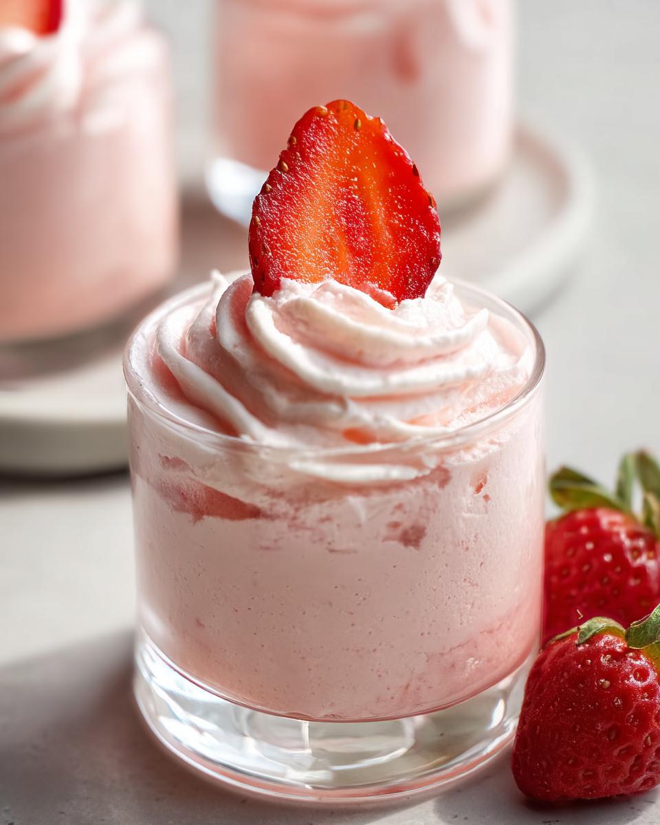 A serving of Easy Whipped Strawberry Mousse topped with whipped cream and a fresh strawberry slice.