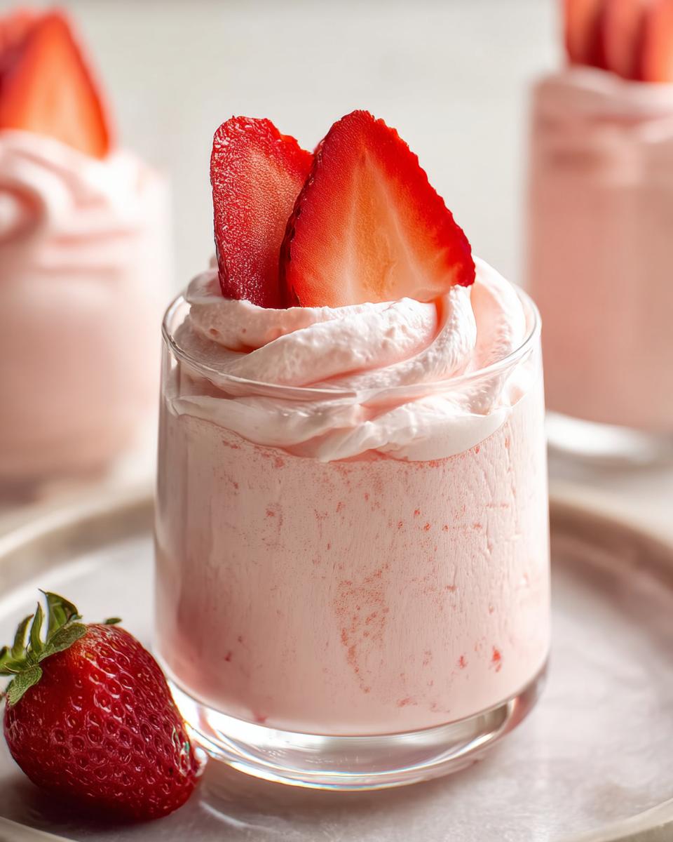 Close-up of Easy Whipped Strawberry Mousse in a glass, topped with fresh strawberry slices.