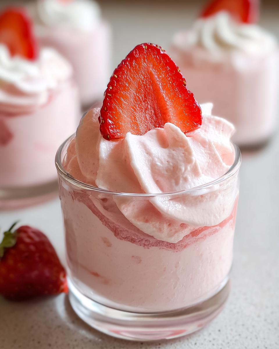 Close-up of a glass filled with Easy Whipped Strawberry Mousse, topped with piped cream and a fresh strawberry slice.