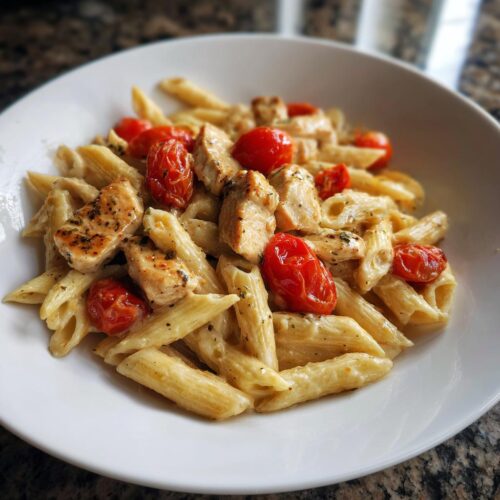 Close-up of a white bowl filled with Family-Friendly Chicken Pasta, penne coated in a creamy sauce with seasoned chicken pieces and roasted cherry tomatoes.