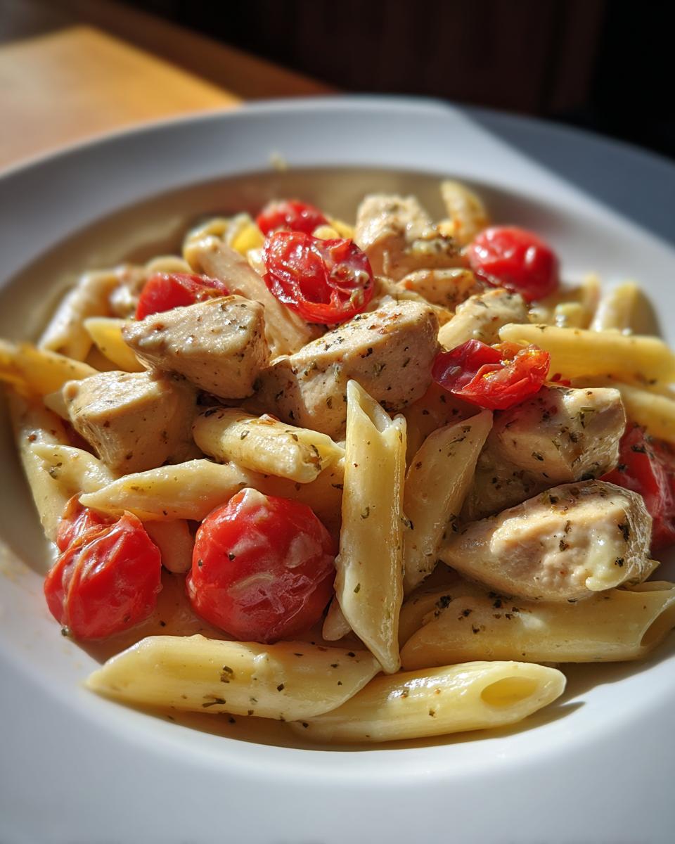 Close-up of a white bowl filled with Family-Friendly Chicken Pasta, penne, seasoned chicken chunks, and roasted cherry tomatoes.