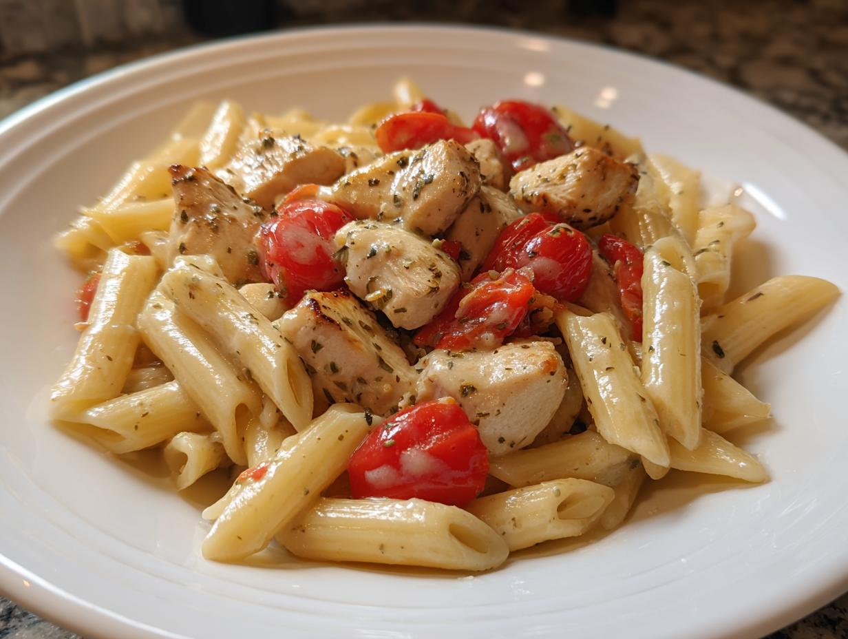 Close-up of a white bowl filled with Family-Friendly Chicken Pasta, featuring penne, seasoned chicken chunks, and halved cherry tomatoes.