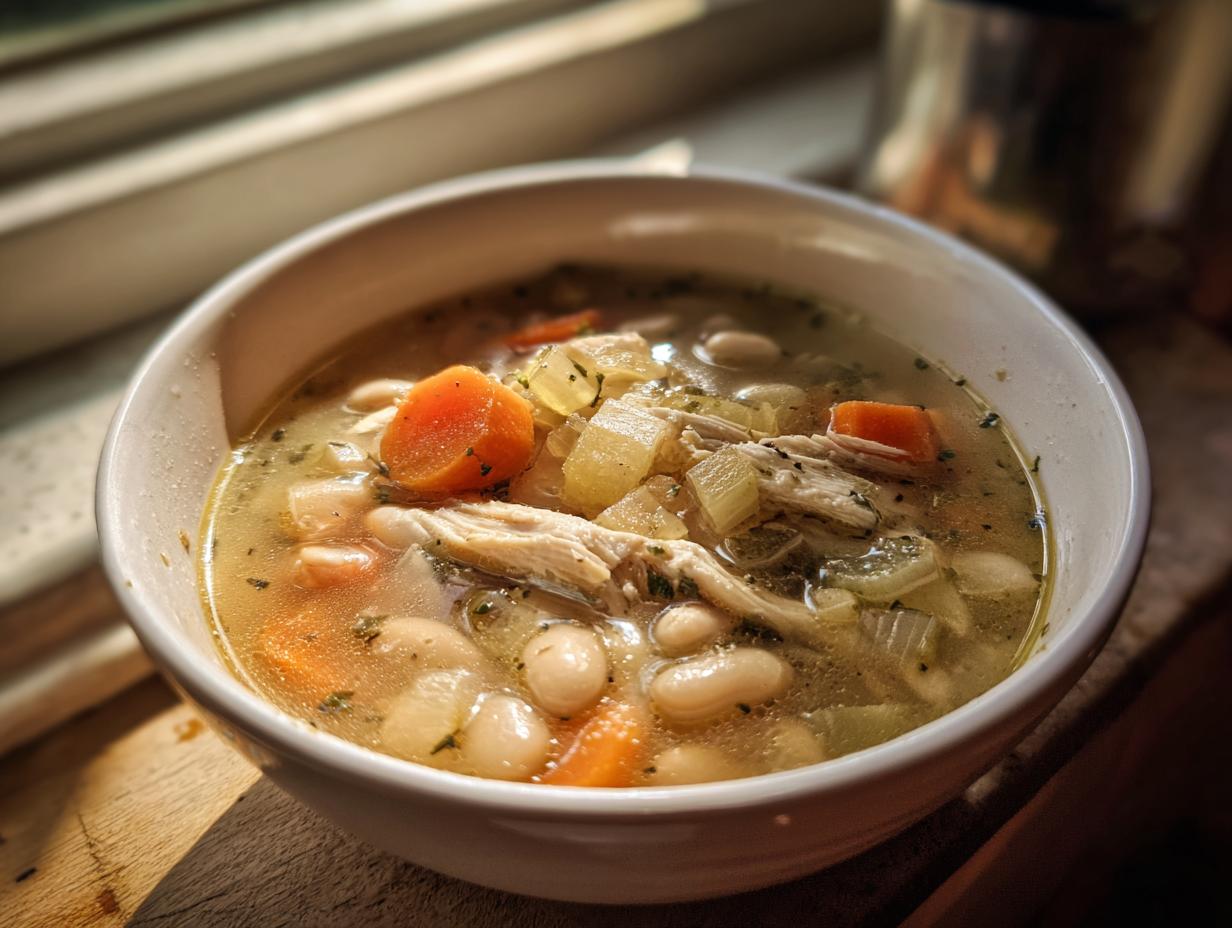 Close-up of a bowl of Family Protein Soup Dinner featuring shredded chicken, white beans, carrots, and celery in broth.