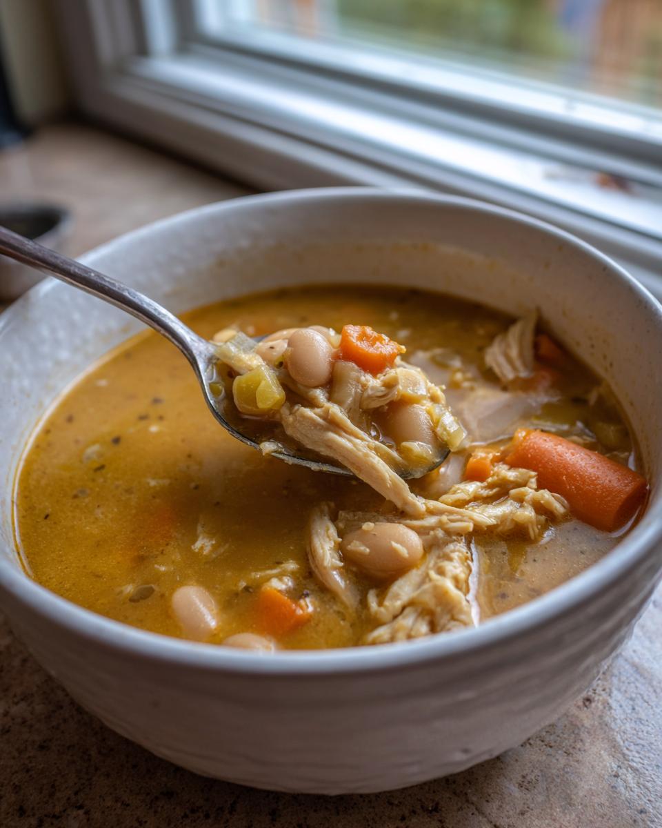 A spoonful lifted from a bowl showing shredded chicken, white beans, and carrots in the Family Protein Soup Dinner.