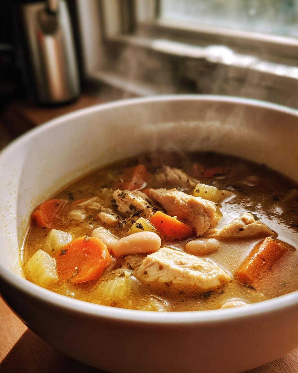 Close-up of a steaming bowl filled with hearty Family Protein Soup Dinner featuring chicken, carrots, and white beans.