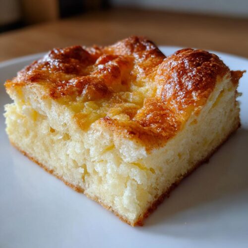 Close-up of a golden-brown square slice from a Family-Style Baked Pancake Breakfast on a white plate.