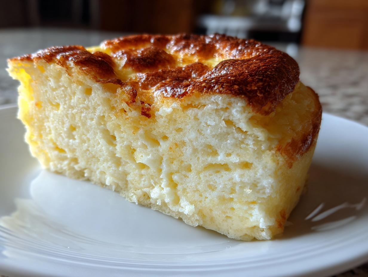 Close-up of a thick, fluffy slice from a Family-Style Baked Pancake Breakfast with a golden-brown top.