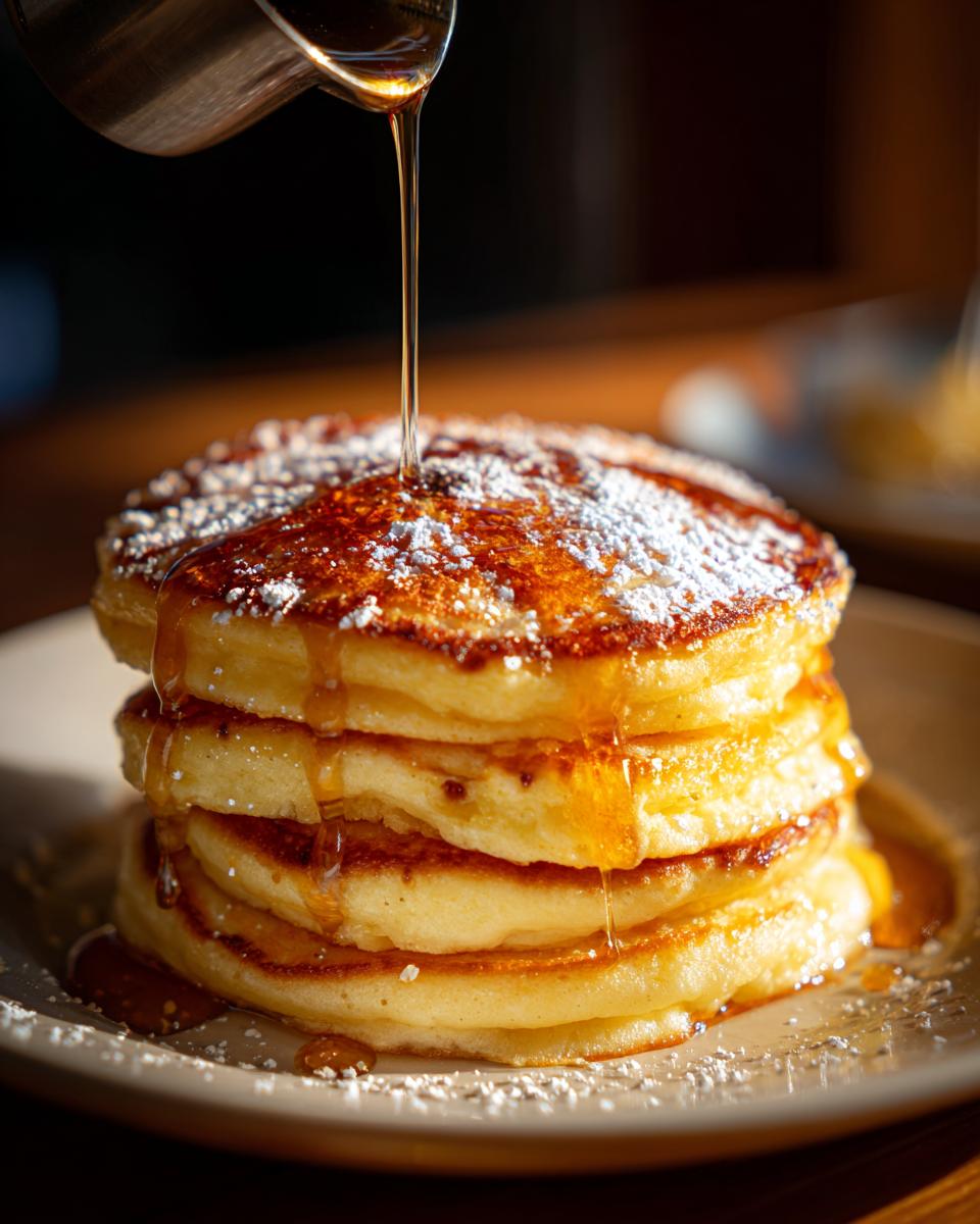 A tall stack of fluffy pancakes being drizzled with golden syrup, dusted with powdered sugar, fitting for a Pancake Recipe That Feels Like Dessert.