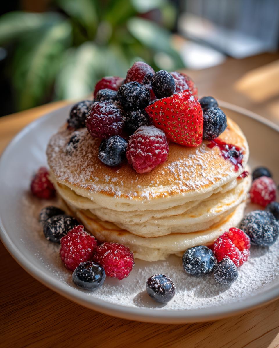 A tall stack of fluffy pancakes topped with fresh raspberries, blueberries, and a strawberry, dusted with powdered sugar, perfect for a Sweet Brunch Idea with Pancakes.