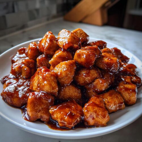 Close-up of bite-sized pieces of golden chicken coated in thick, glossy teriyaki sauce, perfect for Freezer Friendly Teriyaki Chicken.