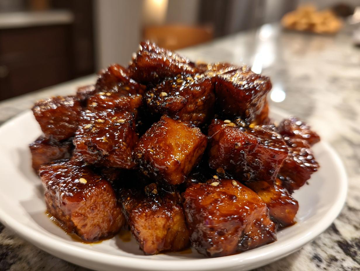Close-up of glossy, cubed Freezer Friendly Teriyaki Chicken coated in dark sauce and sprinkled with sesame seeds.