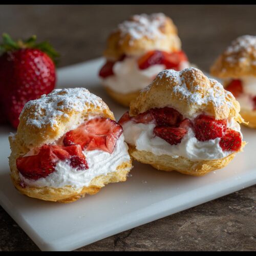 Two halves of Fresh Strawberry Cream Puffs filled with whipped cream and sliced strawberries, dusted with powdered sugar.