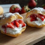 Two delicious Fresh Strawberry Cream Puffs filled with whipped cream and sliced strawberries, dusted with powdered sugar.