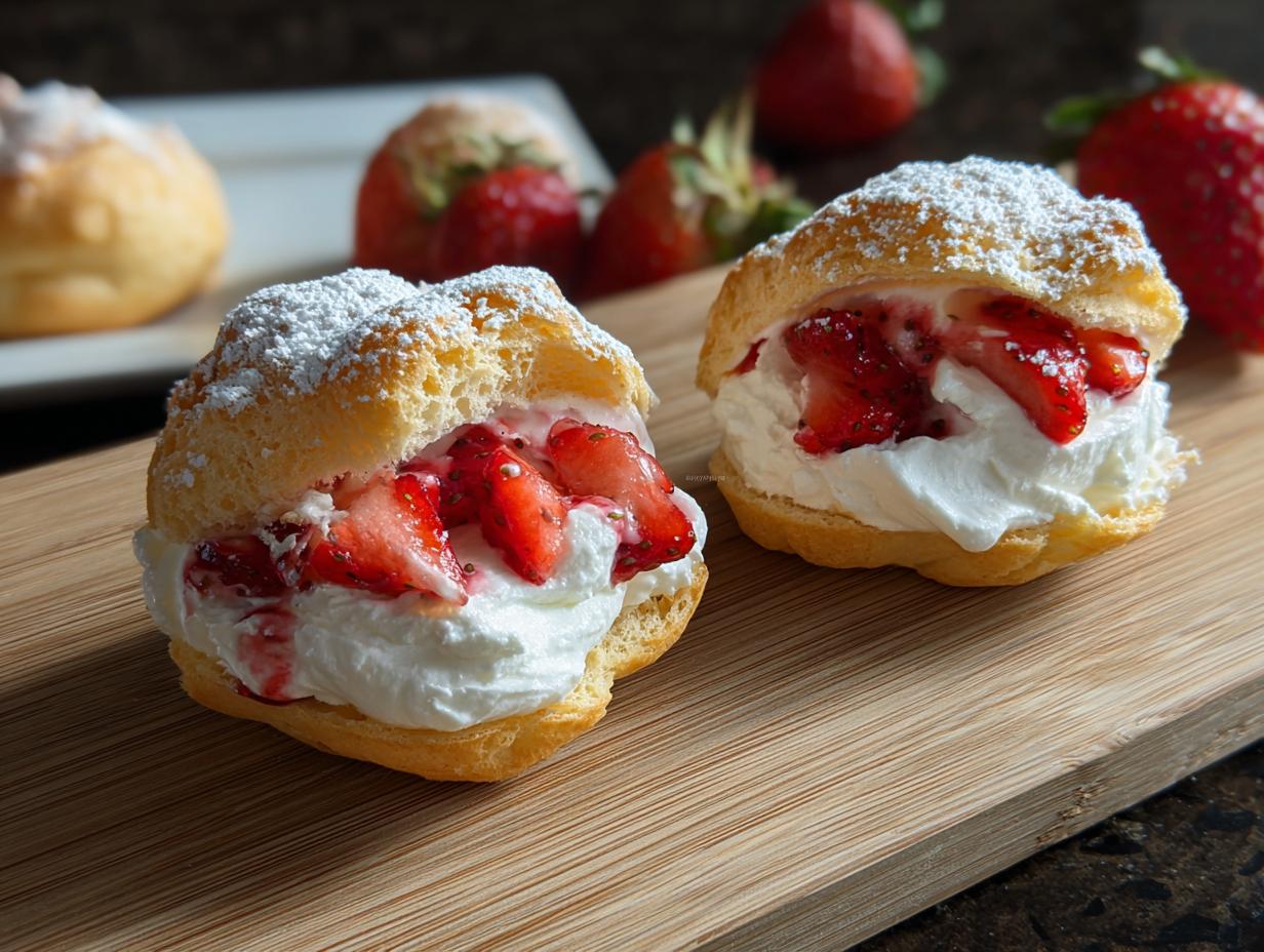 Two delicious Fresh Strawberry Cream Puffs filled with whipped cream and sliced strawberries, dusted with powdered sugar.