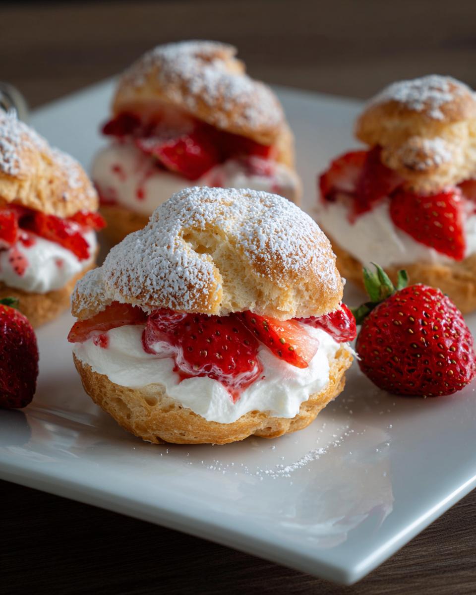 Four Fresh Strawberry Cream Puffs filled with whipped cream and sliced strawberries, dusted with powdered sugar.
