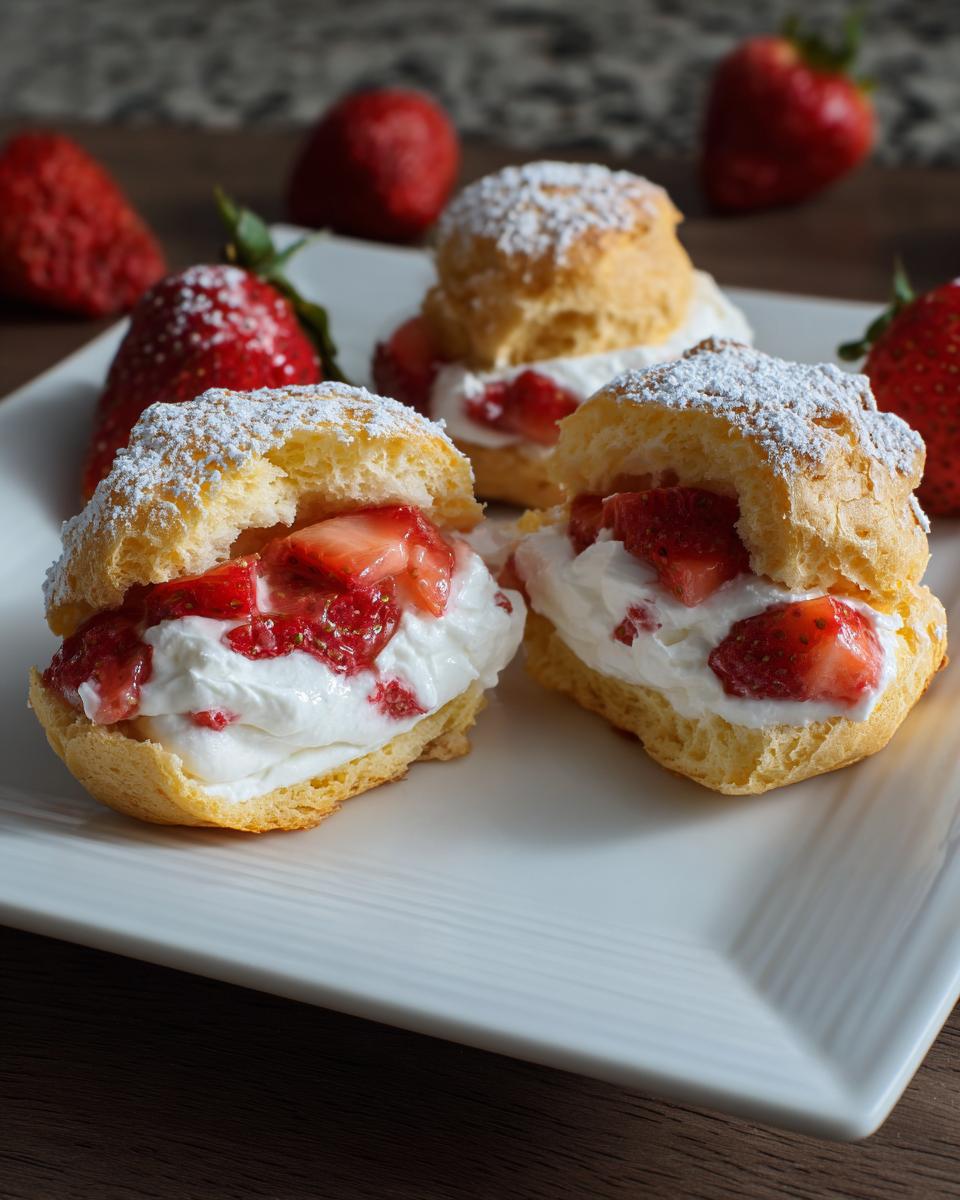 Three Fresh Strawberry Cream Puffs filled with whipped cream and sliced strawberries, dusted with powdered sugar.