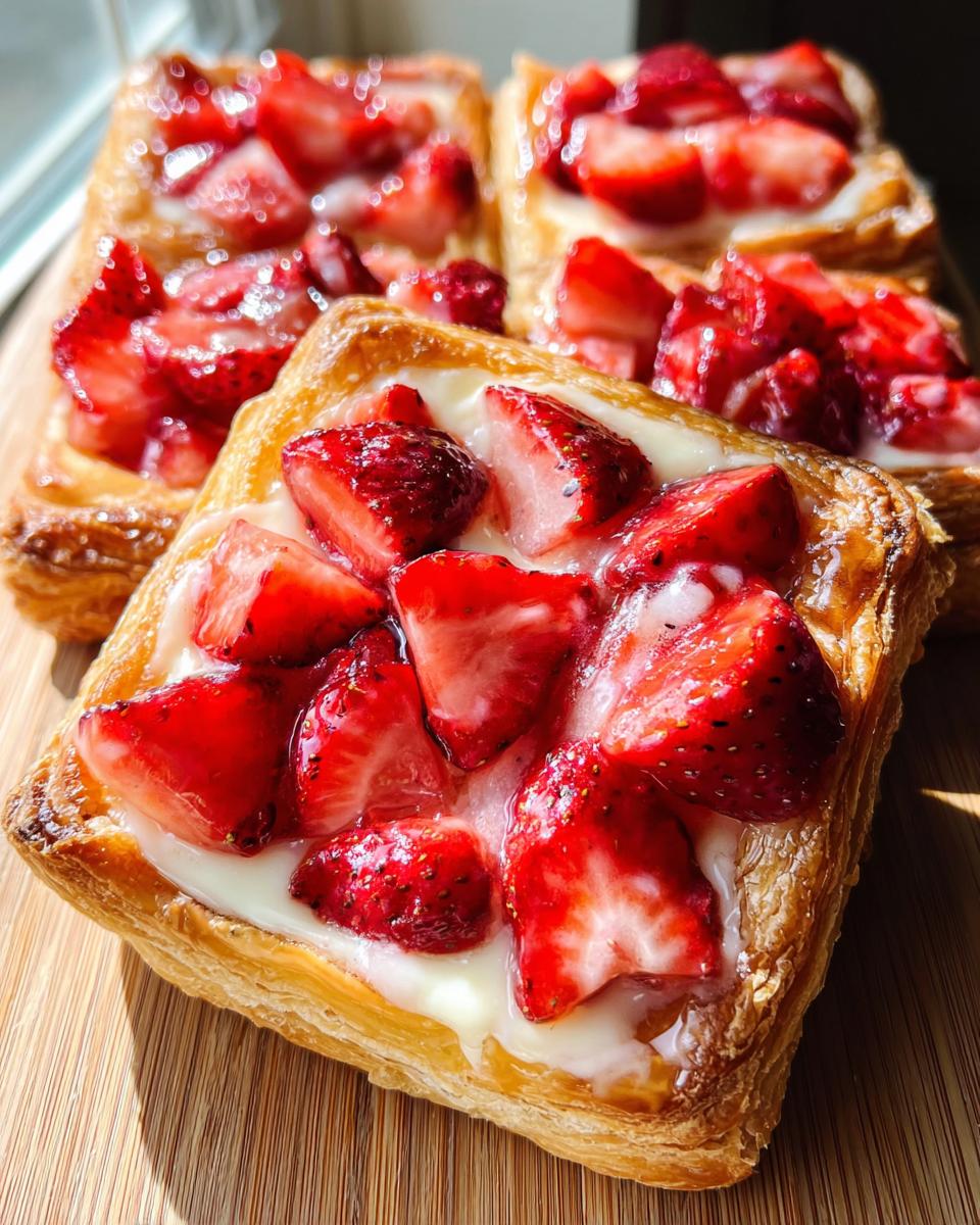 Close-up of a flaky, golden Fresh Strawberry Danish topped with cream cheese filling and glossy sliced strawberries.