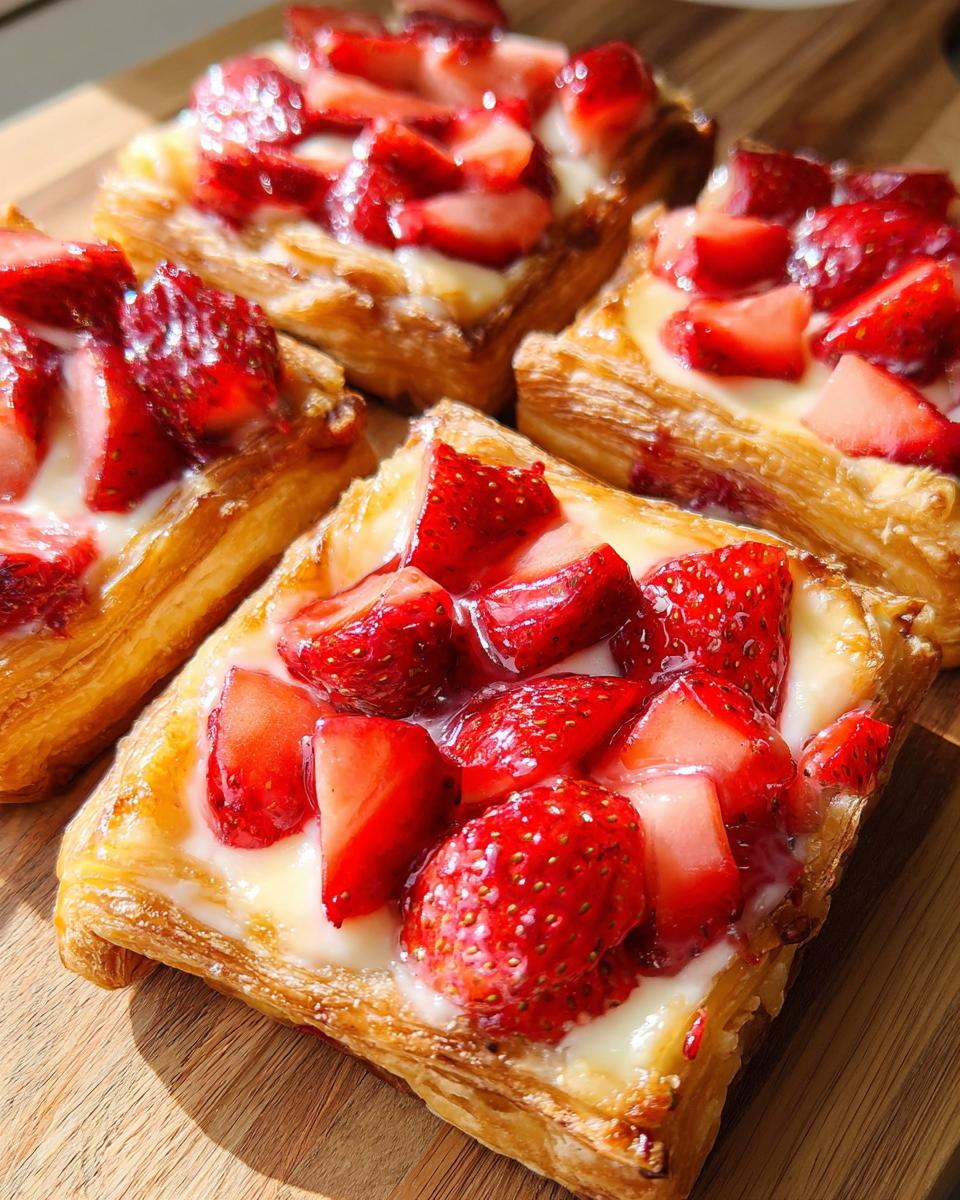 Four golden, flaky pastries topped with cream cheese filling and glistening slices of Fresh Strawberry Danish.