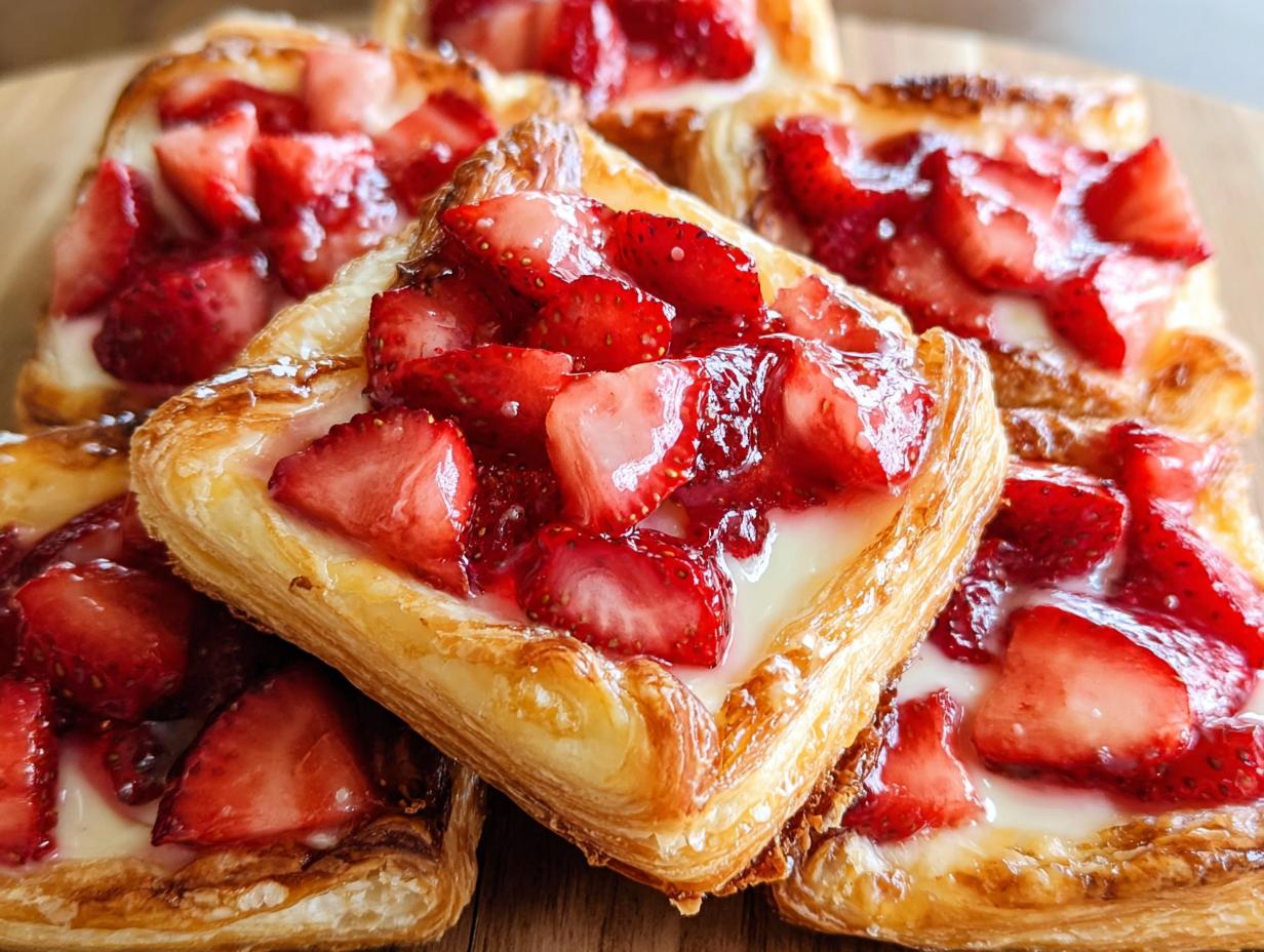 A stack of golden, flaky Fresh Strawberry Danish pastries topped with glazed strawberries and cream cheese filling.