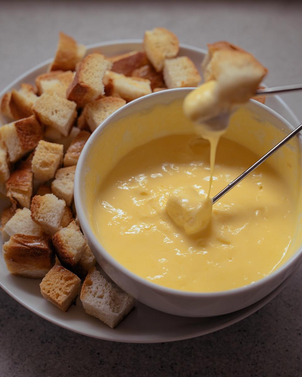 A cube of bread is being dipped into a bowl of creamy, yellow Garlic Cheese Fondue using a fondue fork.