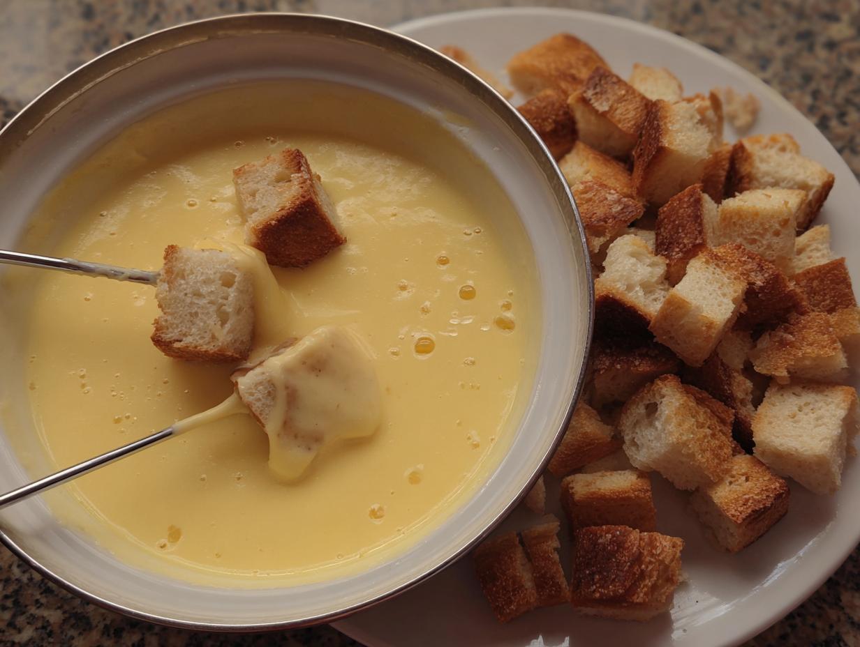 Close-up of bread cubes being dipped into a bowl of melted Garlic Cheese Fondue with fondue forks.