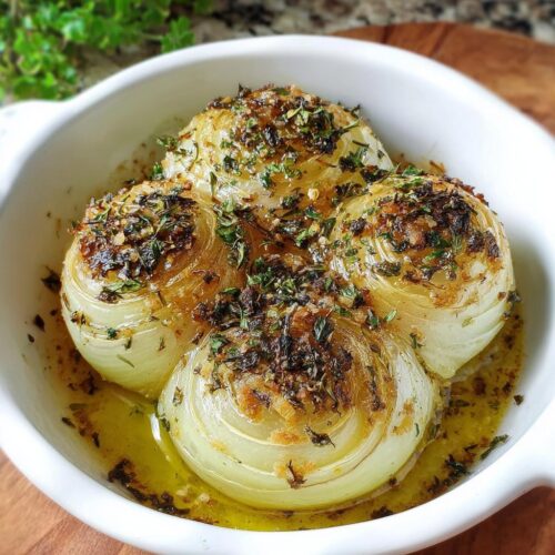 Four tender Garlic Herb Baked Onions glistening in oil and topped with dried herbs in a white baking dish.