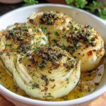 Four halves of tender Garlic Herb Baked Onions sitting in savory oil in a white baking dish.