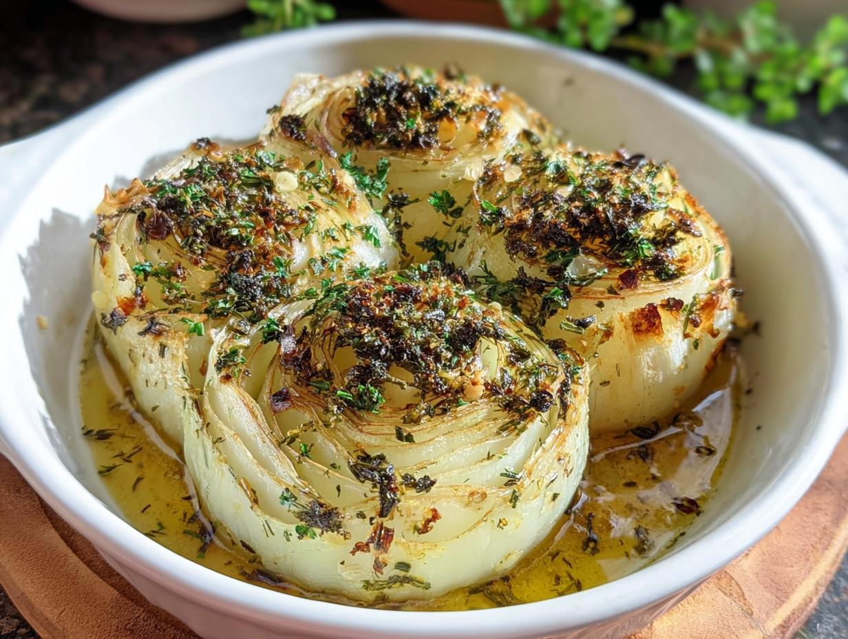 Four halves of tender Garlic Herb Baked Onions sitting in savory oil in a white baking dish.