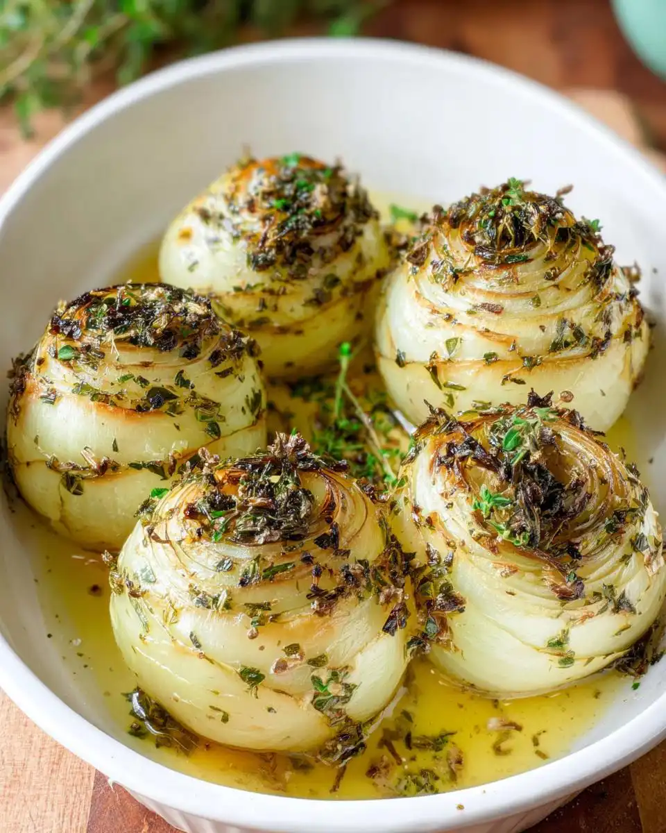 Four whole Garlic Herb Baked Onions roasted in a white dish with melted butter and herbs.