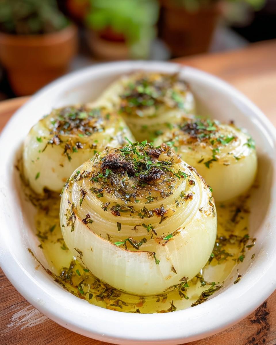 Four whole, tender Garlic Herb Baked Onions sitting in a pool of seasoned oil in a white baking dish.