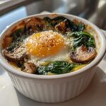 Close-up of baked eggs for a healthy morning served in a white ramekin with spinach, mushrooms, and Parmesan.