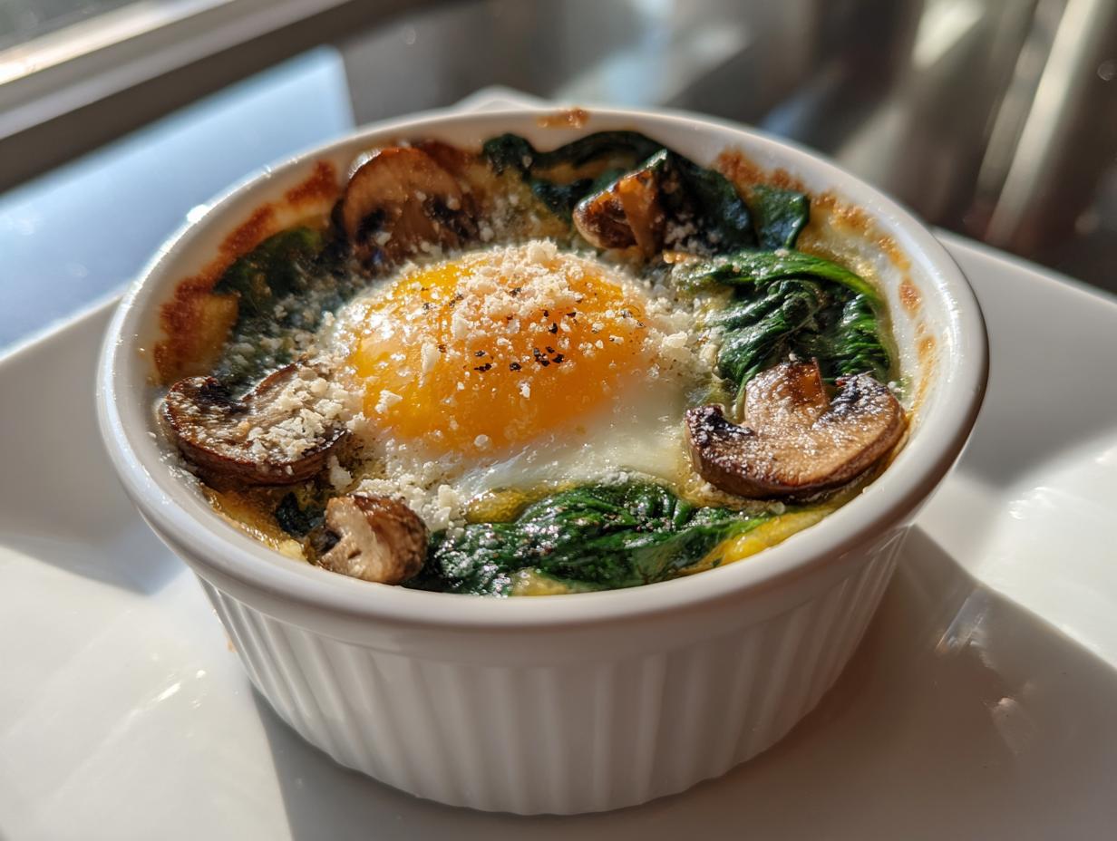 Close-up of baked eggs for a healthy morning served in a white ramekin with spinach, mushrooms, and Parmesan.