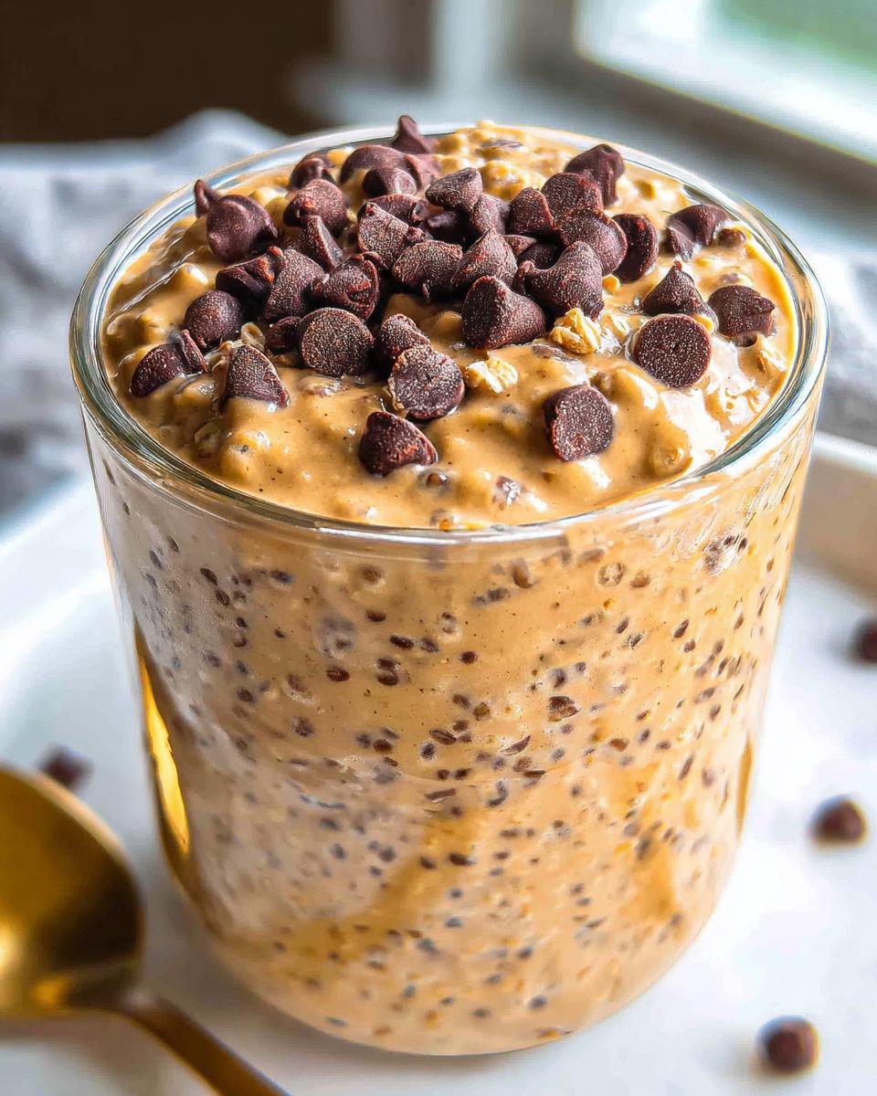 Close-up of Healthy Chocolate Chip Cookie Dough Overnight Oats topped with chocolate chips in a clear glass.