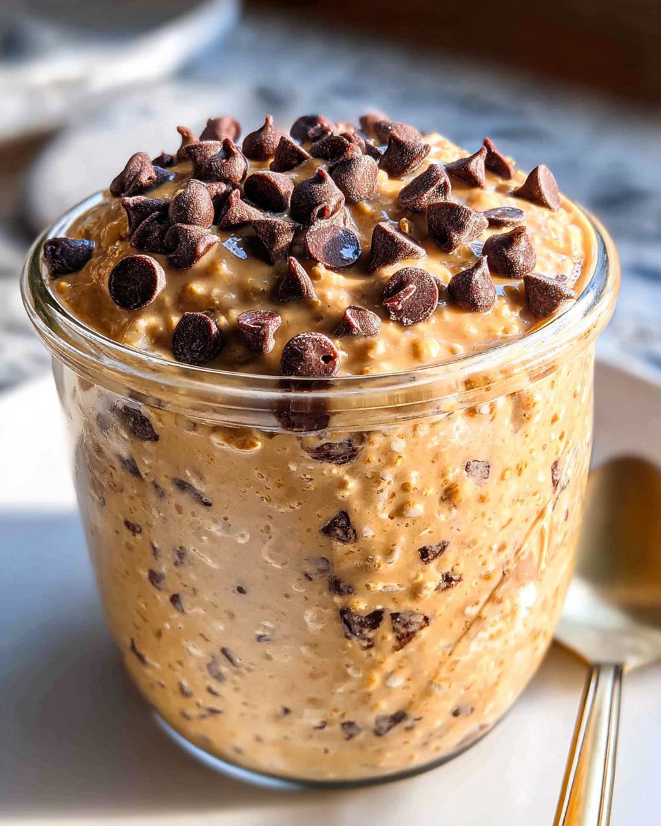 Close-up of Healthy Chocolate Chip Cookie Dough Overnight Oats topped generously with chocolate chips in a glass jar.