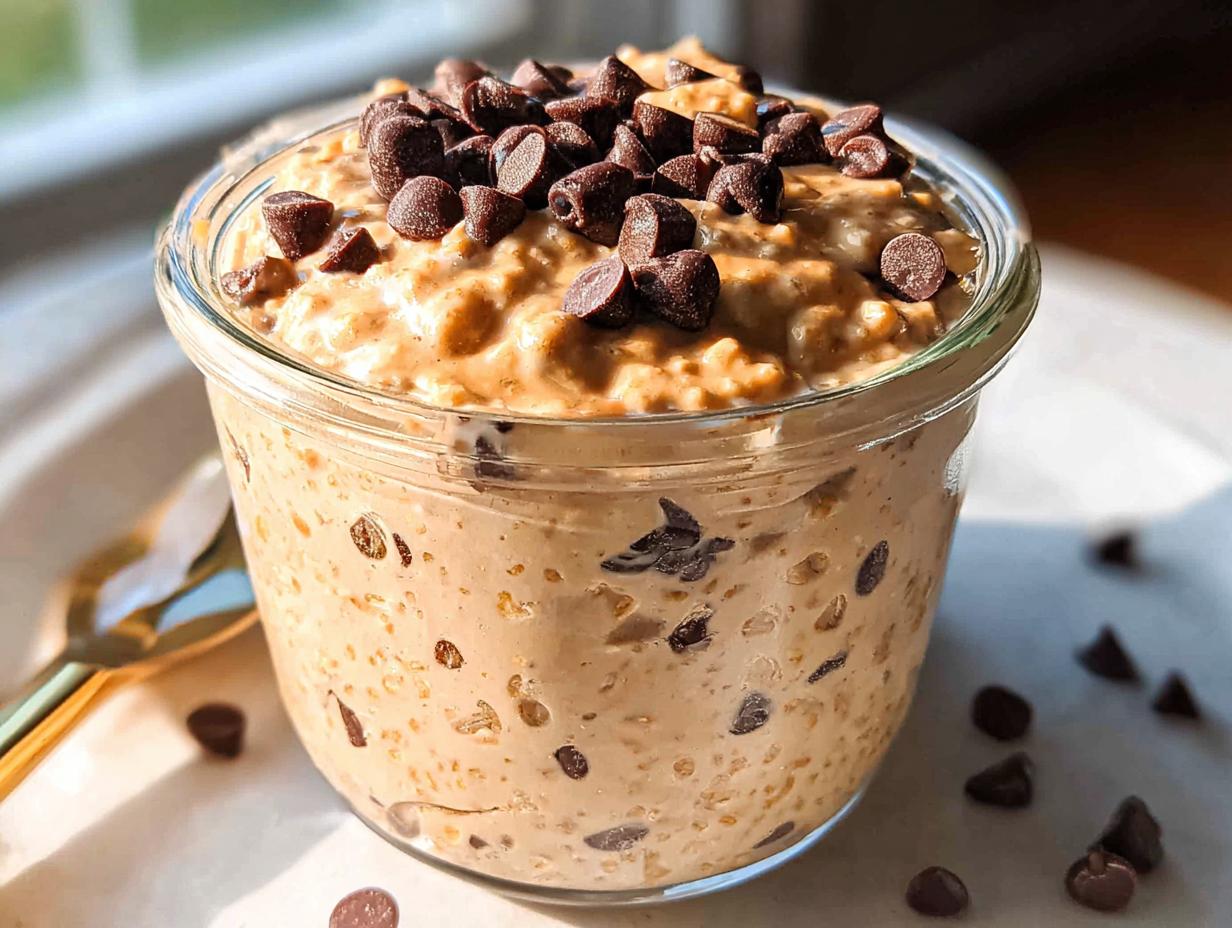Close-up of Healthy Chocolate Chip Cookie Dough Overnight Oats topped with chocolate chips in a glass jar.