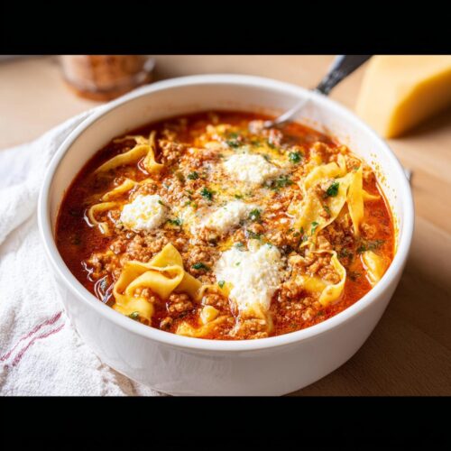 A close-up of a hearty bowl of Healthy Comfort Lasagna Soup topped with ricotta and parsley.