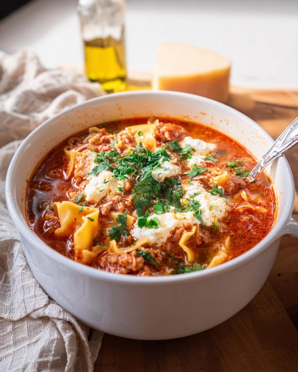 A close-up of a white bowl filled with Healthy Comfort Lasagna Soup, topped with ricotta and parsley.